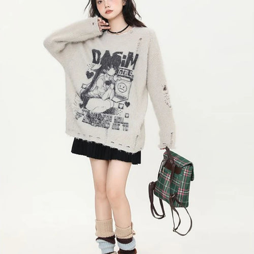 Load image into Gallery viewer, Cartoon Jacquard Japanese Grunge Sweater Women Gothic Vintage Ripped Y2k Aesthetic Jumper Streetwear Oversize Hiphop Pullover
