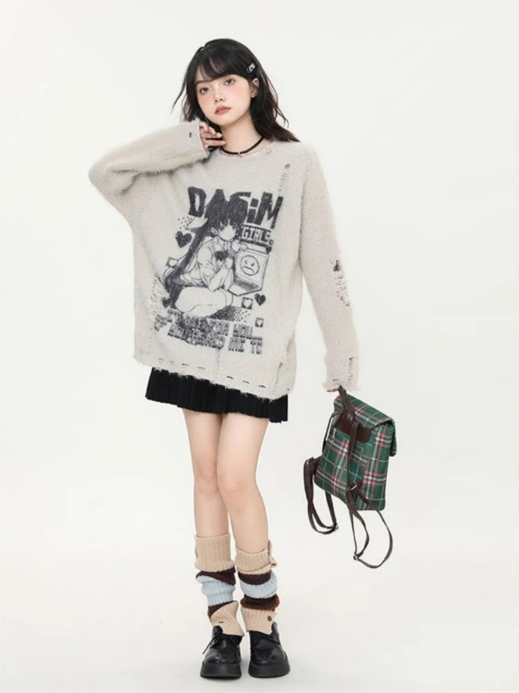Cartoon Jacquard Japanese Grunge Sweater Women Gothic Vintage Ripped Y2k Aesthetic Jumper Streetwear Oversize Hiphop Pullover