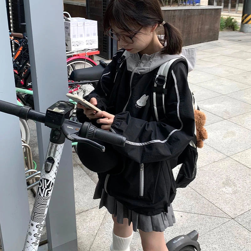 New Streetwear Grunge Contrast Jackets Women Spring Autumn Cartoon Coat Casual Vintage Hoody Y2k Aesthetic Pocket Harajuku Tops