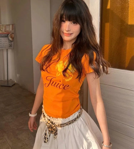 Harajuku Orange Flower Letter Printing T-shirts Streetwear Vintage Bodycon Fairy Tshirts Summer Women Y2k Aesthetic Grunge Tops