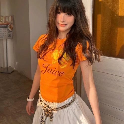 Load image into Gallery viewer, Harajuku Orange Flower Letter Printing T-shirts Streetwear Vintage Bodycon Fairy Tshirts Summer Women Y2k Aesthetic Grunge Tops
