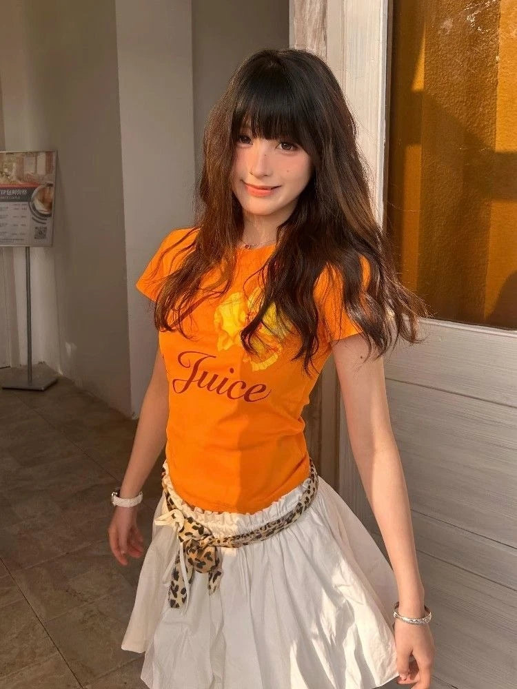 Harajuku Orange Flower Letter Printing T-shirts Streetwear Vintage Bodycon Fairy Tshirts Summer Women Y2k Aesthetic Grunge Tops