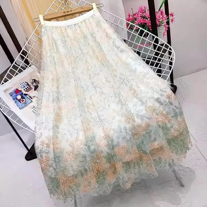 Elastic High Waist Skirt Ladies Summer Vintage Jacquard Butterfly Tulle Skirts Womens Fashion Embroidery Mesh Midi Skirt Women