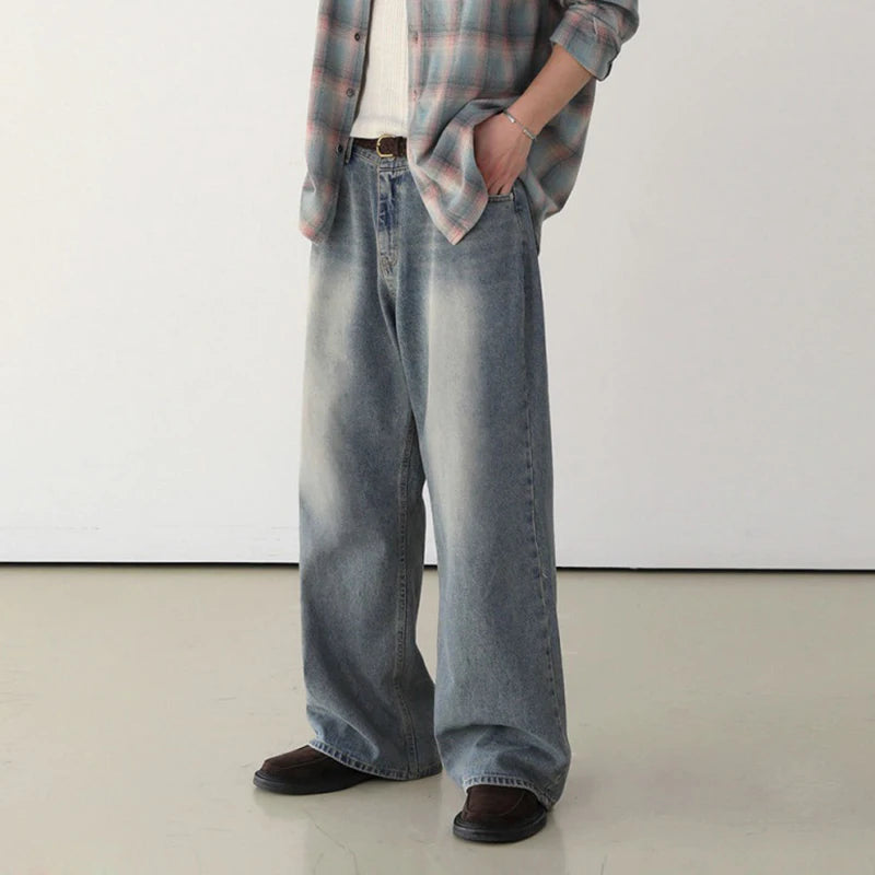 Korean Style Men's Denim Pants Worn-out Wshing Straight Casual Trousers Wide Leg Loose Solid Color Male Jeans 9C6909