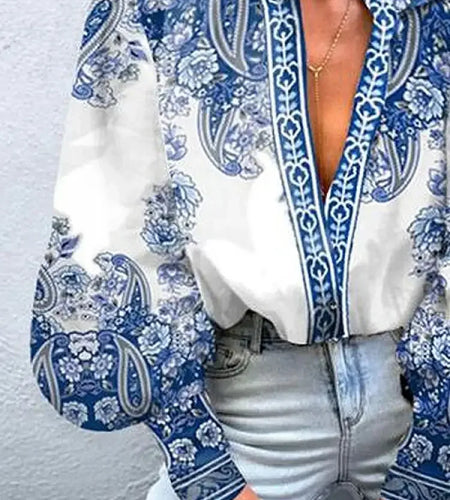 Women's Vintage Blouses Shirts Blue Floral Printed Lapel Summer Elegant Puff Sleeves Casual Office Shirts Tops