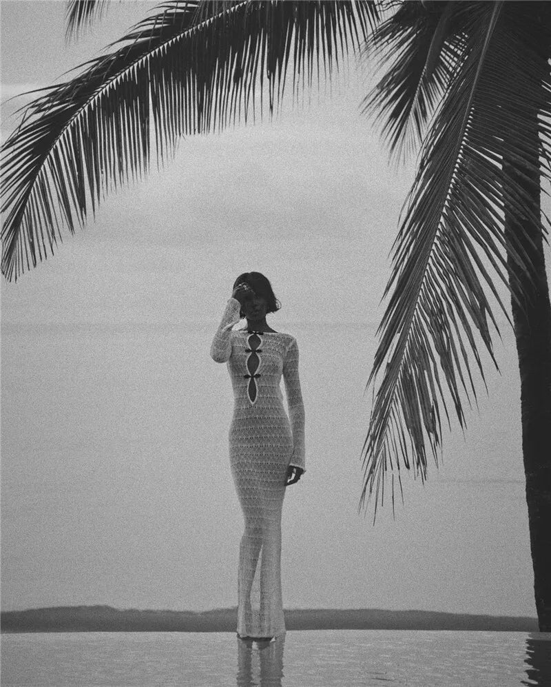 Hollow Out Knit Sexy Maxi Dress Women Fashion See Through Smock Dress Elegant Long Sleeve Backless Fishtail Dress