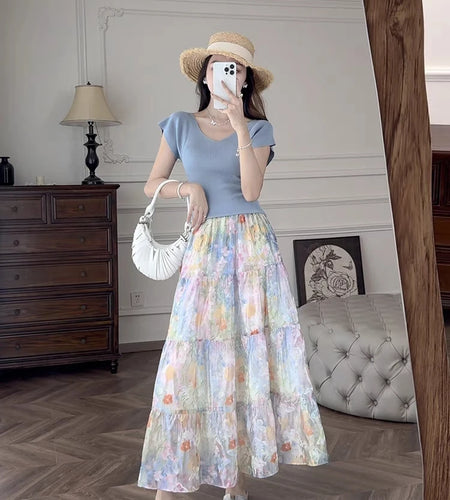 French Vintage Fashion Women's Flower Elegant Pleated Long Skirt Spring Summer High Waist Party A-line Skirts Popular Bohemian