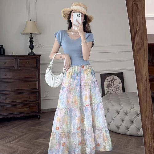 Load image into Gallery viewer, French Vintage Fashion Women's Flower Elegant Pleated Long Skirt Spring Summer High Waist Party A-line Skirts Popular Bohemian
