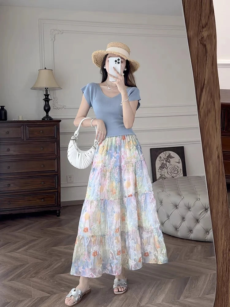 French Vintage Fashion Women's Flower Elegant Pleated Long Skirt Spring Summer High Waist Party A-line Skirts Popular Bohemian