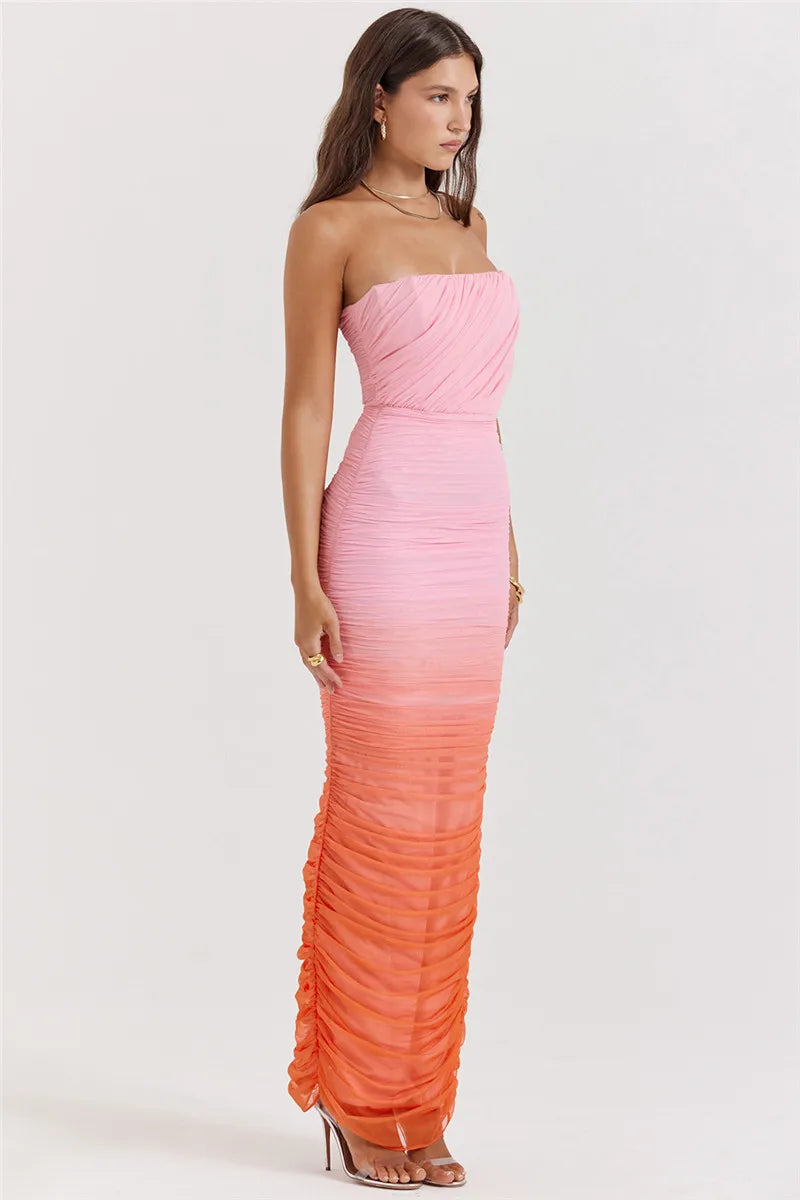 Gradient Strapless Backless Sexy Maxi Dress For Women Fashion Off-shoulder Sleeveless Bodycon Back Split Long Dress
