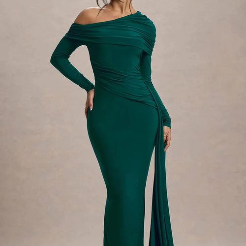Load image into Gallery viewer, Skew Collar Long Sleeve Sexy Maxi Dress For Women Gown Fashion Backless Draped Ruched Bodycon Club Long Dress Elegant
