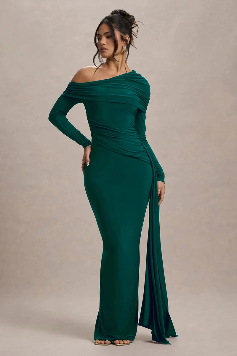 Skew Collar Long Sleeve Sexy Maxi Dress For Women Gown Fashion Backless Draped Ruched Bodycon Club Long Dress Elegant