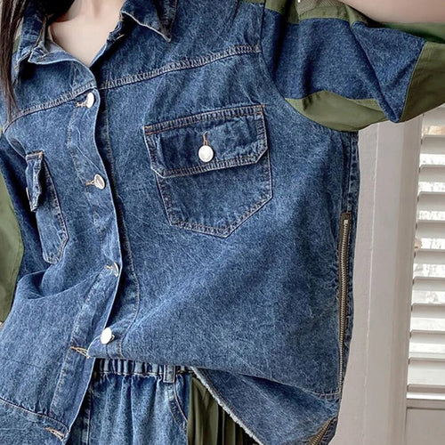 Load image into Gallery viewer, Hit Color Denim Shirts For Women Lapel Puff Sleeve Spliced Button Loose Casual Blouse Female Fashion Clothing
