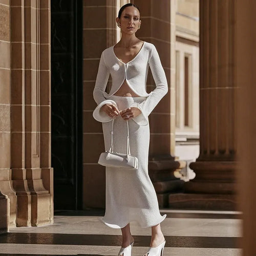 Load image into Gallery viewer, Elegant Sexy Skirt Two Piece Sets Women Autumn New V Neck Long Sleeve T-shirt And Long Skirt Matching Two Piece Sets
