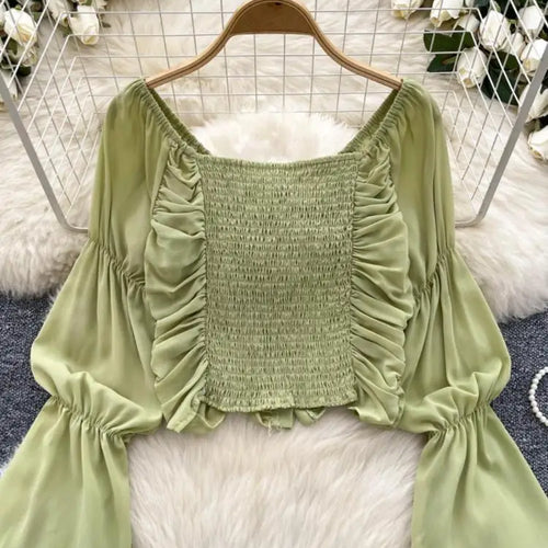 Load image into Gallery viewer, French 2024 Autumn New Black Beige Slim Festival Blouse Women Green Flared Long Sleeved Pleated Lace-up Short Shirt Versatile
