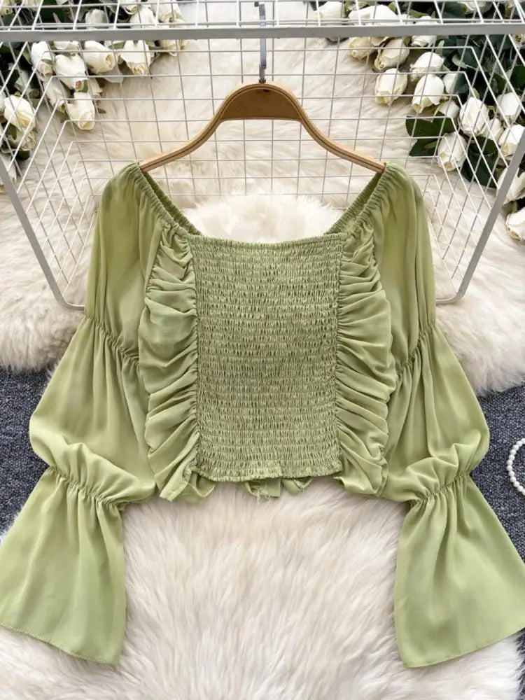 French 2024 Autumn New Black Beige Slim Festival Blouse Women Green Flared Long Sleeved Pleated Lace-up Short Shirt Versatile