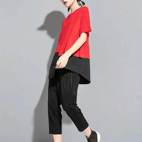 Load image into Gallery viewer, Women Red Color-block Irregular Big Size T-shirt New Round Neck Short Sleeve Fashion Tide Spring Summer  2025 1DF5310
