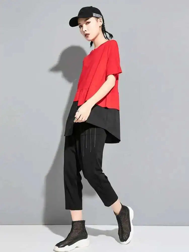 Women Red Color-block Irregular Big Size T-shirt New Round Neck Short Sleeve Fashion Tide Spring Summer  2025 1DF5310