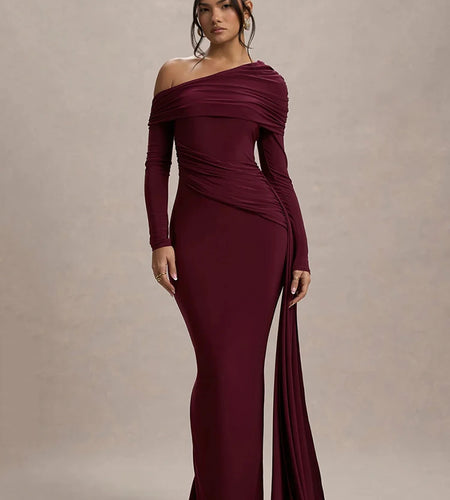 Skew Collar Long Sleeve Sexy Maxi Dress For Women Gown Fashion Backless Draped Ruched Bodycon Club Long Dress Elegant