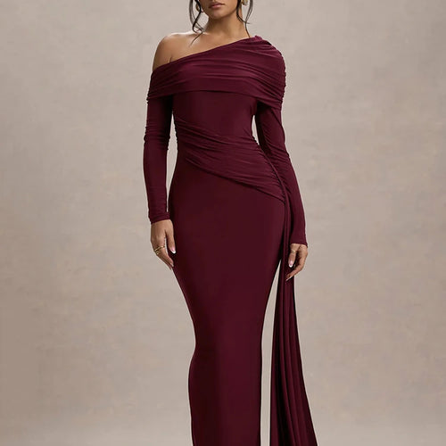 Load image into Gallery viewer, Skew Collar Long Sleeve Sexy Maxi Dress For Women Gown Fashion Backless Draped Ruched Bodycon Club Long Dress Elegant
