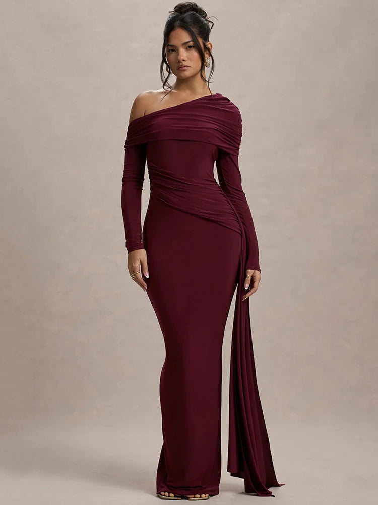 Skew Collar Long Sleeve Sexy Maxi Dress For Women Gown Fashion Backless Draped Ruched Bodycon Club Long Dress Elegant