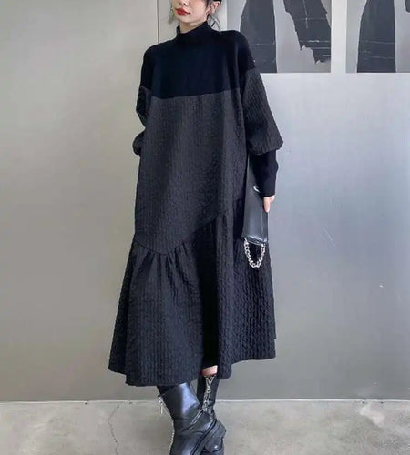 Women Black Knitting Big Size Long Dress New Turtleneck Long Sleeve Loose Fit Fashion Tide Spring Autumn 2025 1DH0797