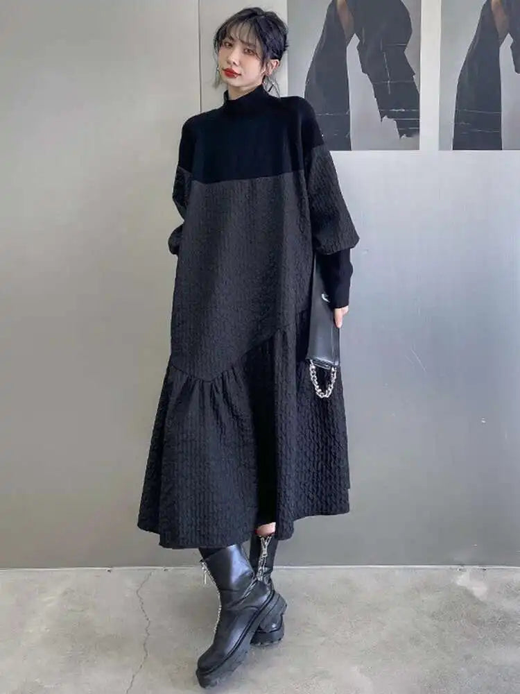 Women Black Knitting Big Size Long Dress New Turtleneck Long Sleeve Loose Fit Fashion Tide Spring Autumn 2025 1DH0797