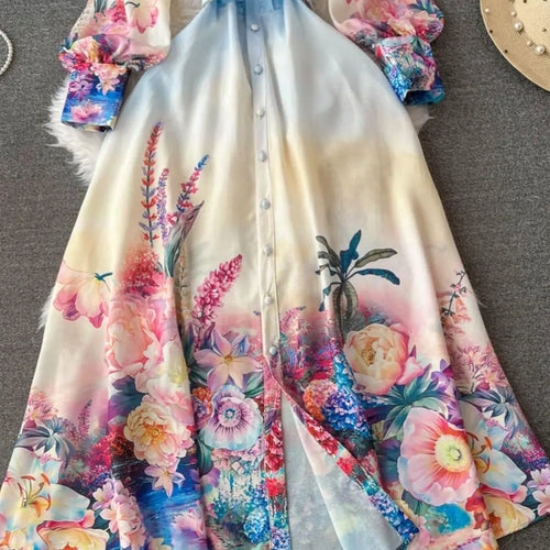 Load image into Gallery viewer, Autumn Retro Fashion Blue Flower Single Breasted Elegant Long Dress Women Stand Neck Long Sleeve Print Boho Evening Party Dress
