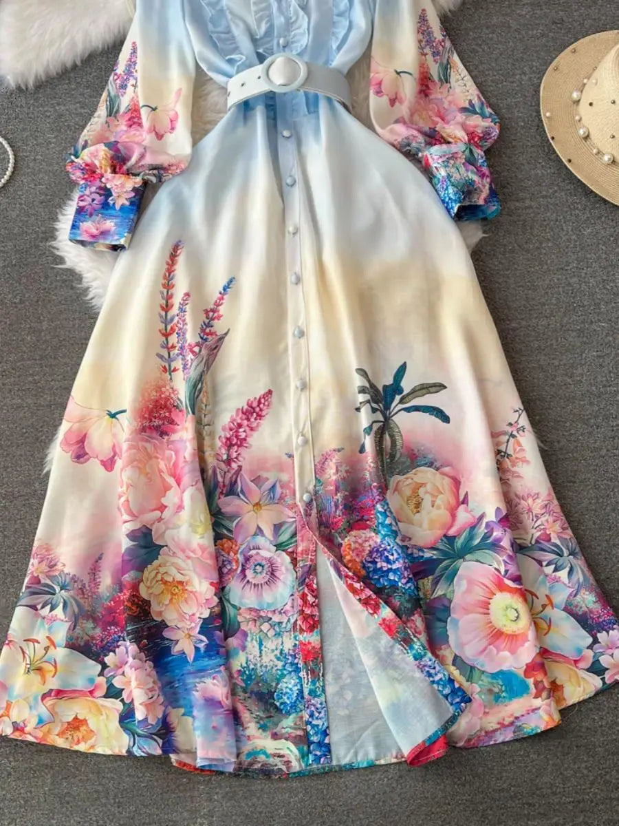 Autumn Retro Fashion Blue Flower Single Breasted Elegant Long Dress Women Stand Neck Long Sleeve Print Boho Evening Party Dress