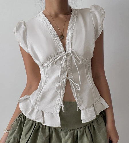 Y2K Aesthetics Lace Trim Patchwork Chic Blouses Women Summer Lace-Up Cardigan Puff Sleeve Shirts Girls Slimming Tops