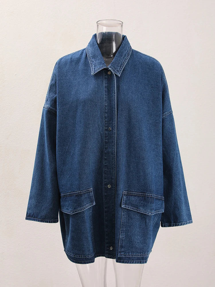 Blue Denim Thick Pocket Big Size Casual Jacket New Lapel Long Sleeve Women Coat Fashion Tide Spring Autumn 2025 CP2074