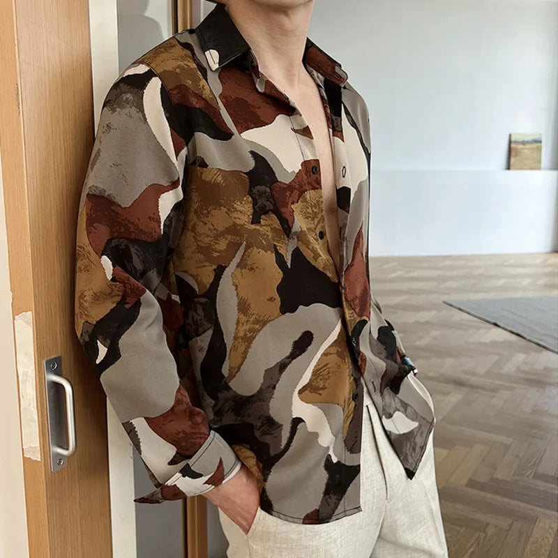 Men's Casual Shirts New Korean Printing Long Sleeve Shirt Loose Turn-down Collar Stylish Single Breasted Male Top 9W1575