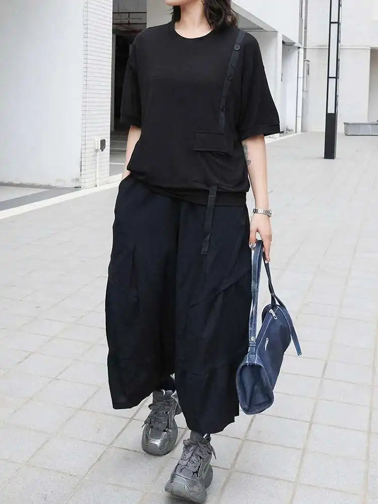 Women Black Irregular Button Pocket Big Size Casual T-shirt New Round Neck Short Sleeve Fashion Spring Summer 2025 1DJ0223