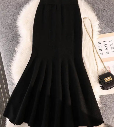 Autumn Winter Black Pleated Knit Fishtail Skirt Women 2023 Fashion Beige Bodycon Mermaid Midi Skirt Pink Elastic High Waist Slim