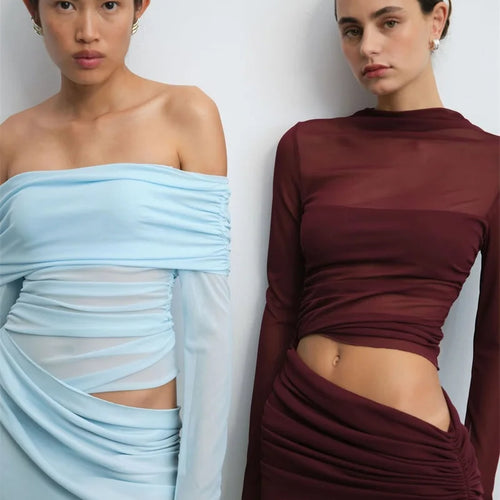 Load image into Gallery viewer, Hollow Out Off-shoulder Sexy Mini Dress Women Fashion Patchwork Strapless Long Sleeve Backless Ruched Club Dress
