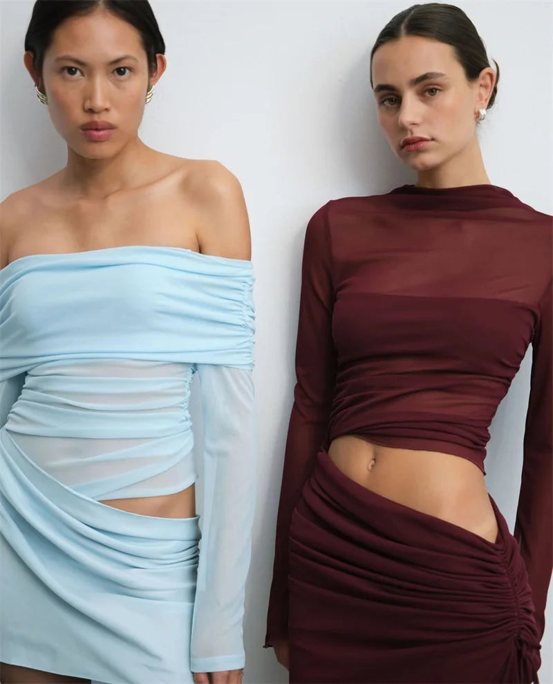 Hollow Out Off-shoulder Sexy Mini Dress Women Fashion Patchwork Strapless Long Sleeve Backless Ruched Club Dress