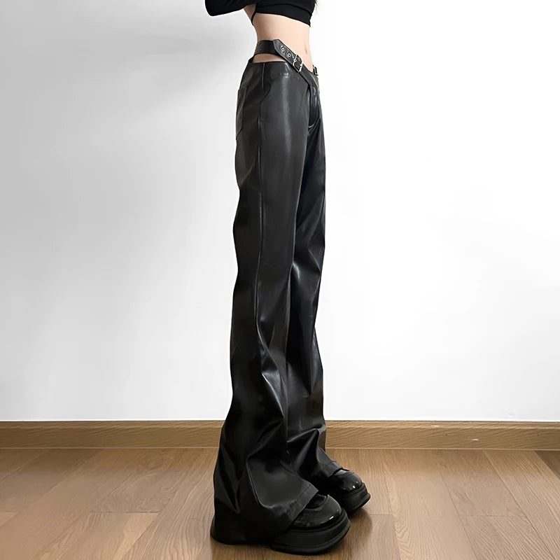 Fashion Punk Buckle Black PU Leather Pants Korean Style Solid Boot Cut Trousers Women Harajuku Autumn Capris Outfits