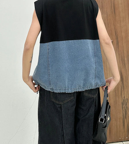 Women Black Denim Color-block Drawstring Big Size T-shirt New Round Neck Sleeveless Fashion Spring Summer 2025 1DJ1061