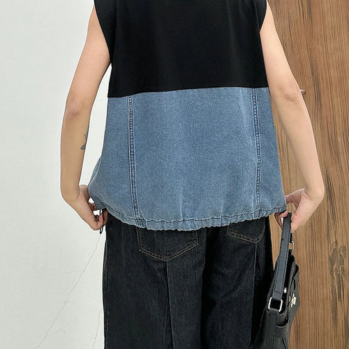 Load image into Gallery viewer, Women Black Denim Color-block Drawstring Big Size T-shirt New Round Neck Sleeveless Fashion Spring Summer 2025 1DJ1061
