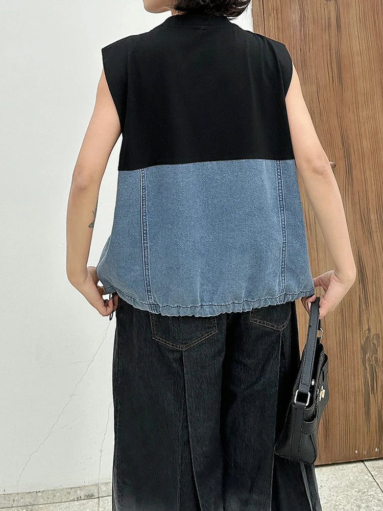 Women Black Denim Color-block Drawstring Big Size T-shirt New Round Neck Sleeveless Fashion Spring Summer 2025 1DJ1061
