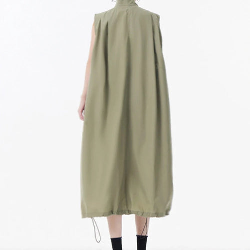Load image into Gallery viewer, Women Green Pocket Hem Drawstring Big Size Vest Dress New Stand Collar Sleeveless Fashion Tide Spring Autumn 2025 1DJ0147
