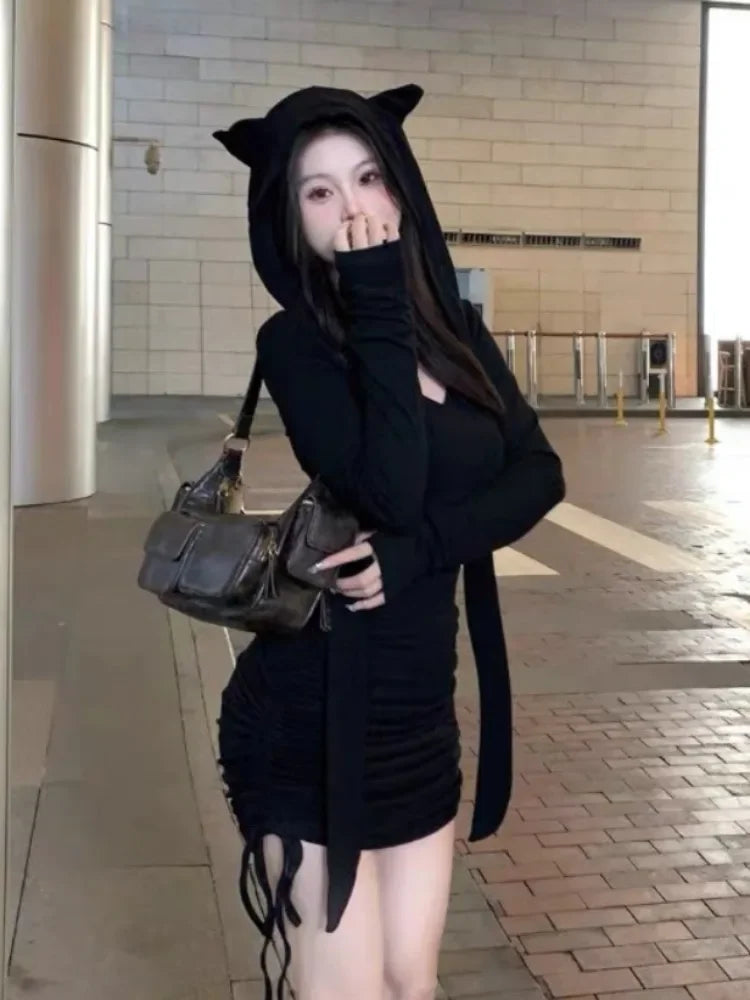 Gothic Goth Sexy Harajuku Bandage Bodycon Wrap Black Mini Dress Women Spring Autumn Y2K Party Short Dresses Korean