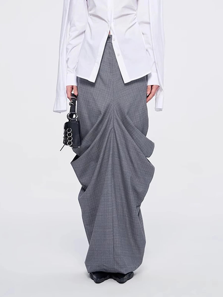 Solid Spliced Folds Slimming Dress For Women High Wiast Temperament Elegant Long Skirt Female Fashion Style Clothes