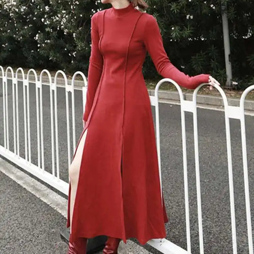 Load image into Gallery viewer, Women Red Hem Slit Long Irregular Dress New Turtleneck Long Sleeve Loose Fit Fashion Tide Spring Autumn 2025 1DF4817
