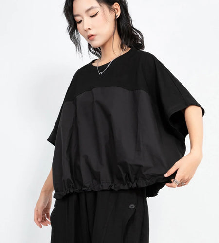 Women Black Drawstring Big Size Casual T-shirt New Round Neck Short Batwing Sleeve Fashion Tide Spring Summer 2025 1DJ1031