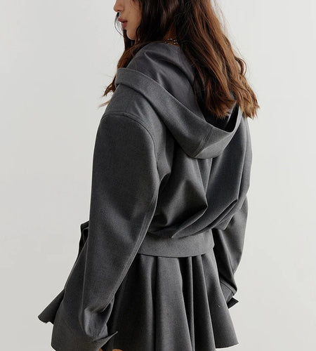 Dark Gray Zipper Irregular Short Big Size Jacket New Hooded Long Sleeve Women Coat Fashion Tide Spring Autumn 2025 1DH7219