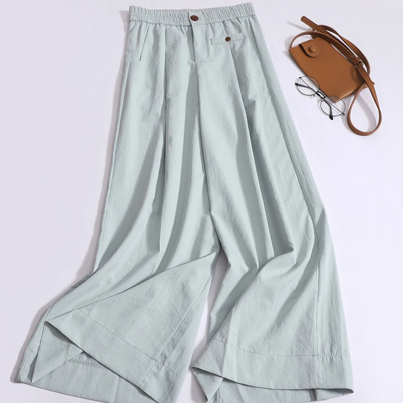 Korean Fashion Women Solid Pleated Pants New High Waisted Casual Wide Leg Trousers Summer Office Lady Clothing 2024 Simplicity