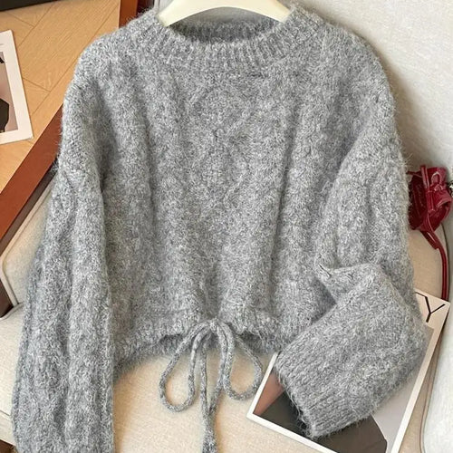 Load image into Gallery viewer, French Fashion Autumn Winter Beige Yellow Elegant Drawstring Lace-up Short Sweater Women's 2024 New Grey Long Sleeved Knit Tops
