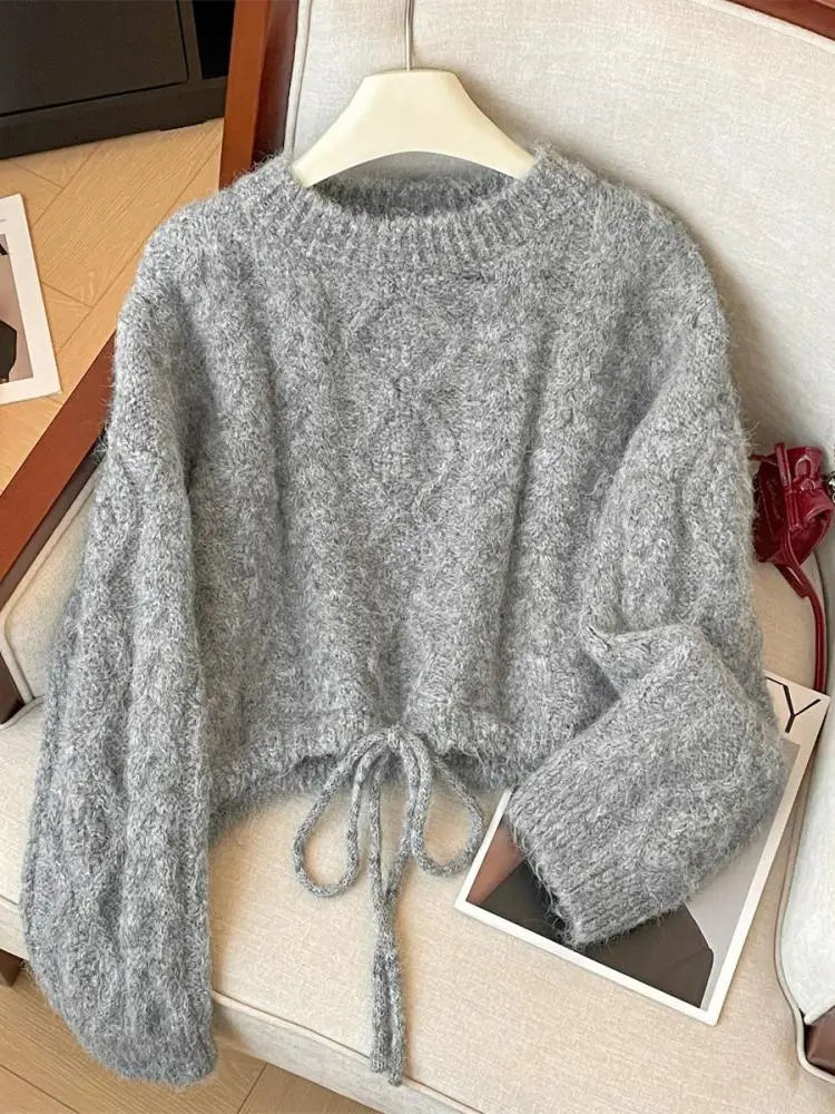French Fashion Autumn Winter Beige Yellow Elegant Drawstring Lace-up Short Sweater Women's 2024 New Grey Long Sleeved Knit Tops