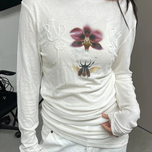 Load image into Gallery viewer, Y2k Aesthetic Flower Printing Casual Tshirts Women Harajuku Slim Fit Embroidery Tees 2025 Spring Grunge Slash Neck Simple Tops

